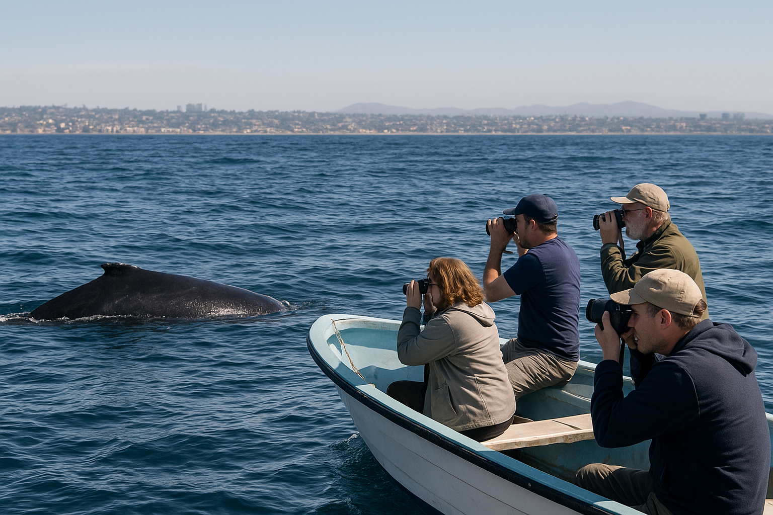 Small group of passengers photographing whales during a private San Diego boat tour