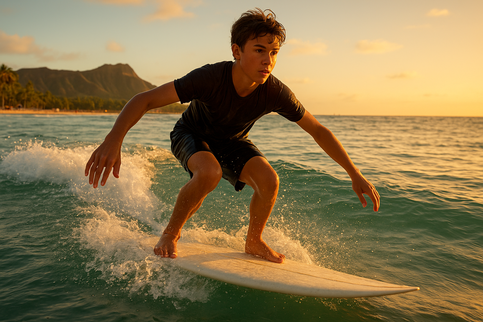 Teenage surfer riding a small wave during a Waikiki surf lesson