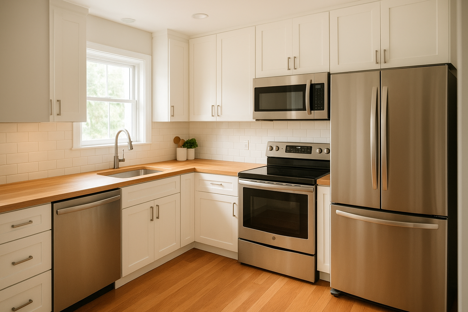 Cost-effective kitchen solutions featuring freshly refaced white shaker cabinets in a bright modern kitchen