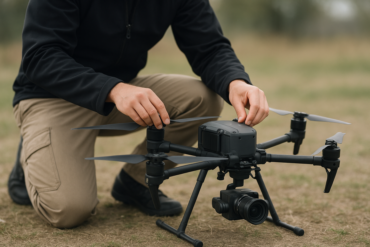 Drone operator preparing a professional camera drone for an aerial photography flight