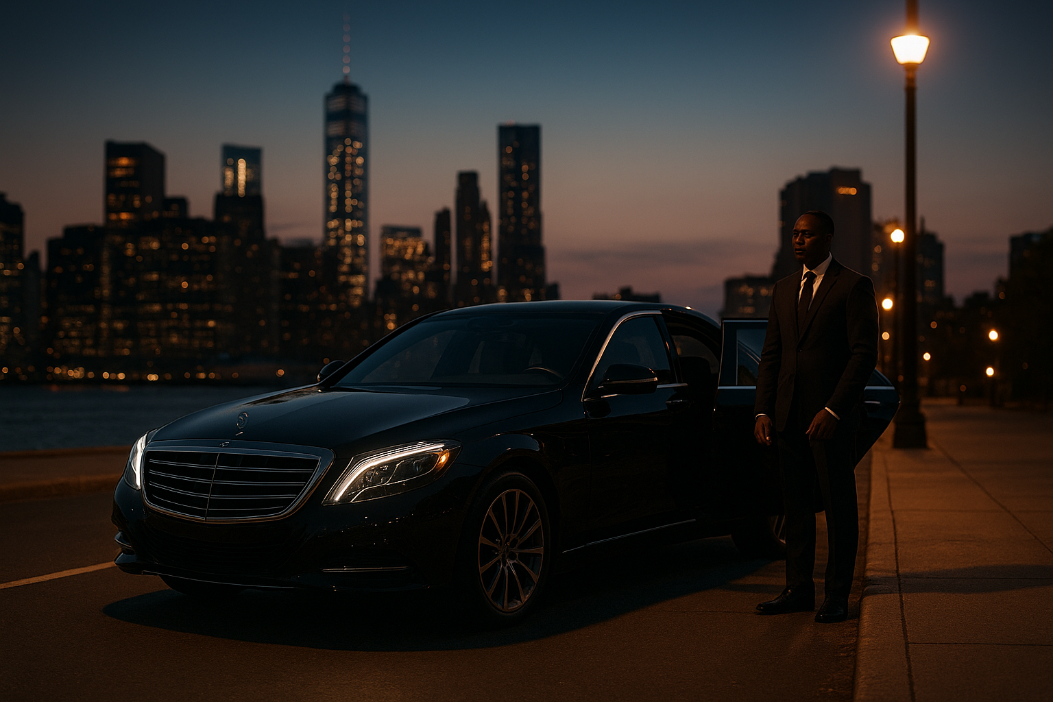 Chauffeur standing beside a five star limo service vehicle at dusk in a city setting