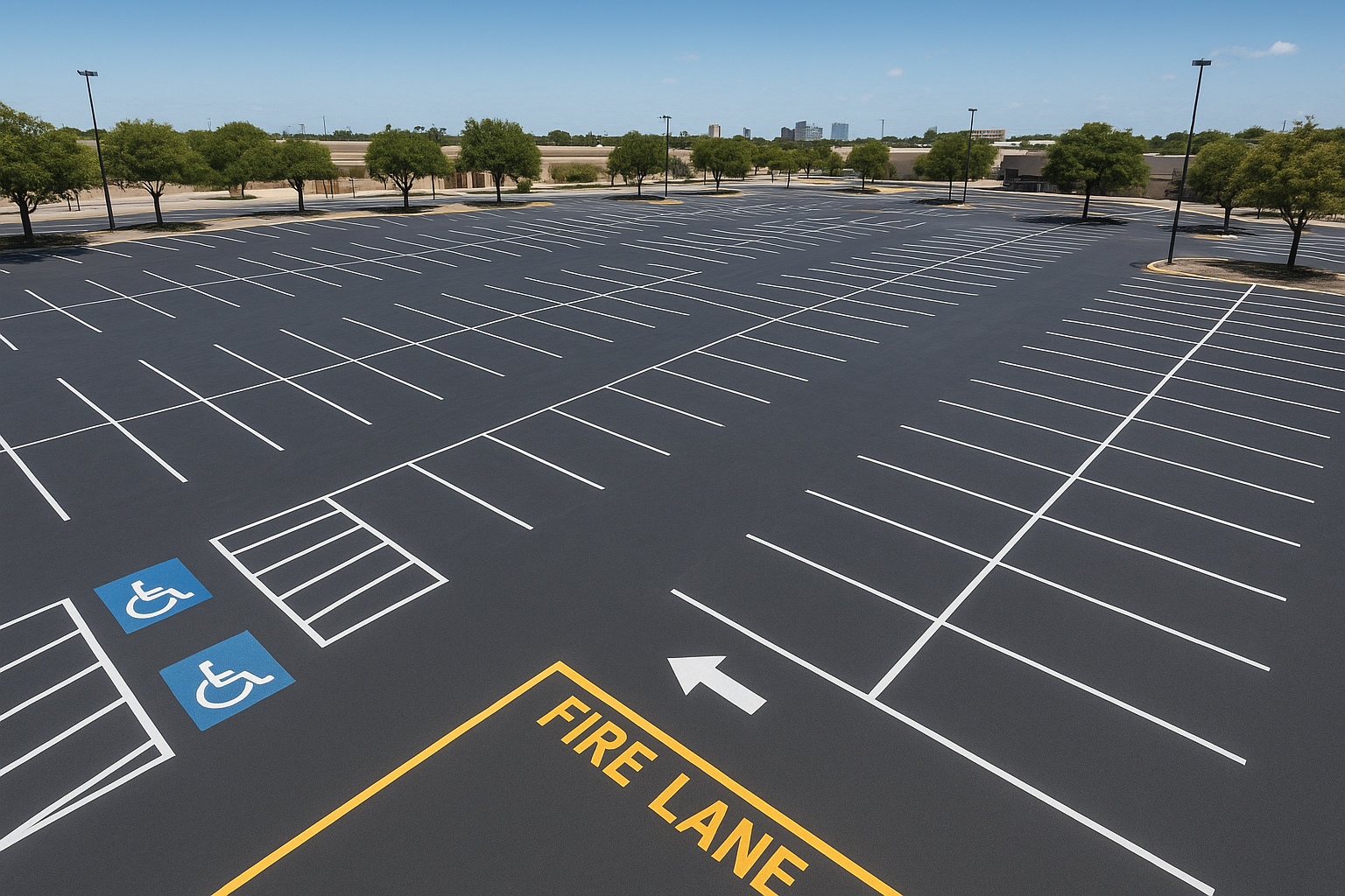 Aerial view of professional parking lot striping in Fort Worth TX with ADA markings and fire lane lines