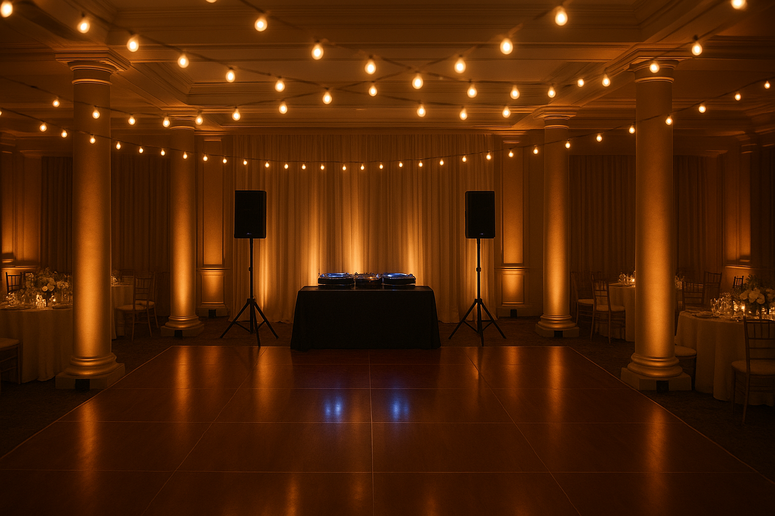 Professional Wedding DJ Owensboro KY setup with amber uplighting and dance floor at a Kentucky reception venue