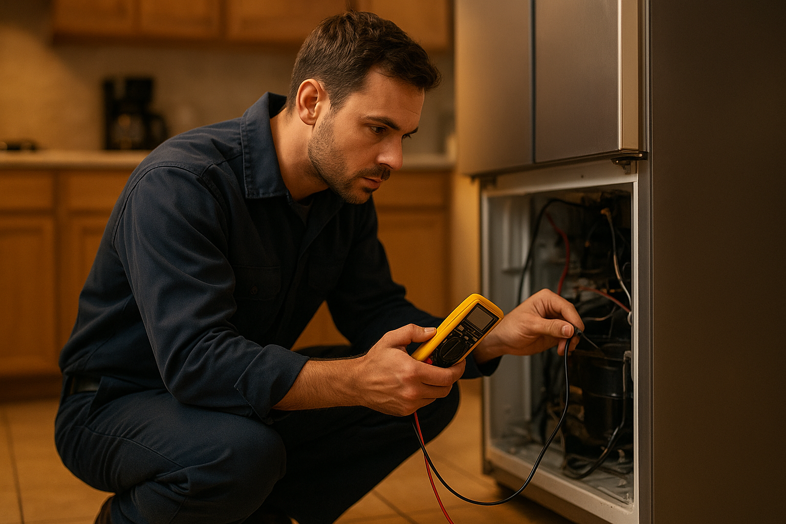 Technician from an appliance repair company testing a refrigerator's electrical components