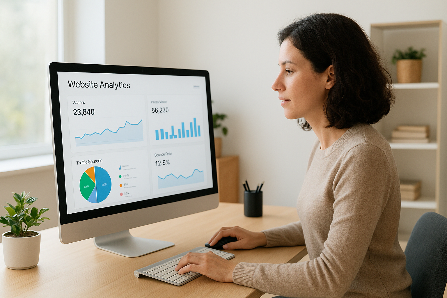 Small business owner reviewing AI-enhanced search visibility tools results on a desktop dashboard