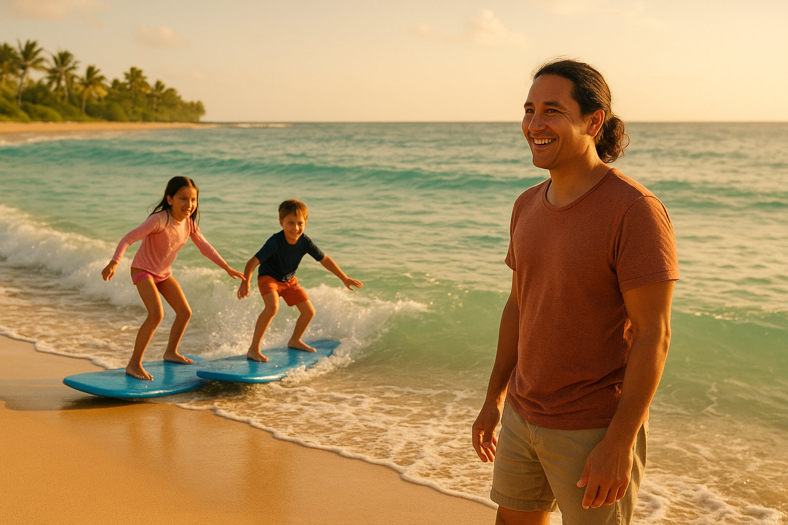 Parent watching children ride waves during kids surf lessons on Waikiki Beach