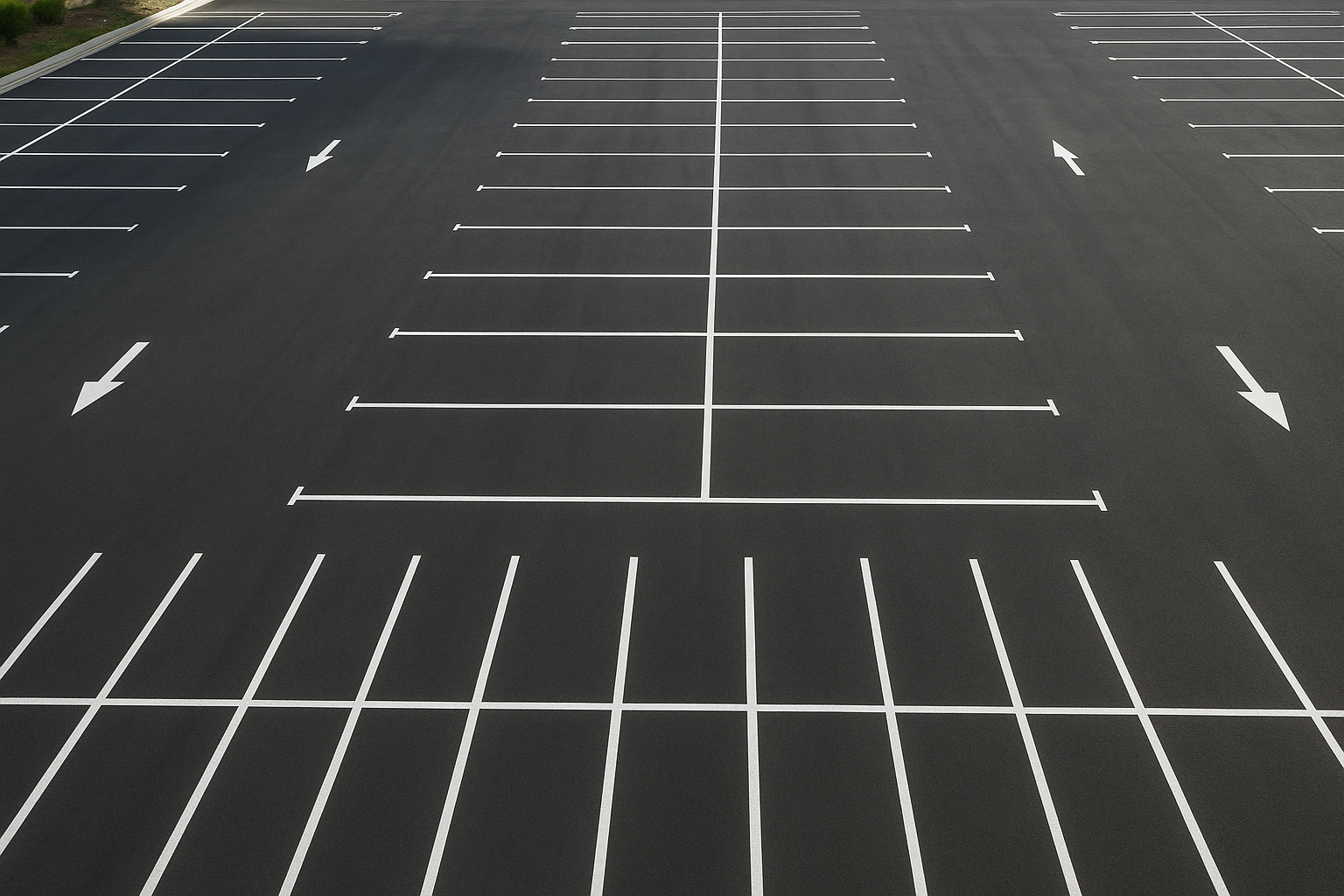 Aerial view of a professional parking lot layout design with striped spaces and directional arrows