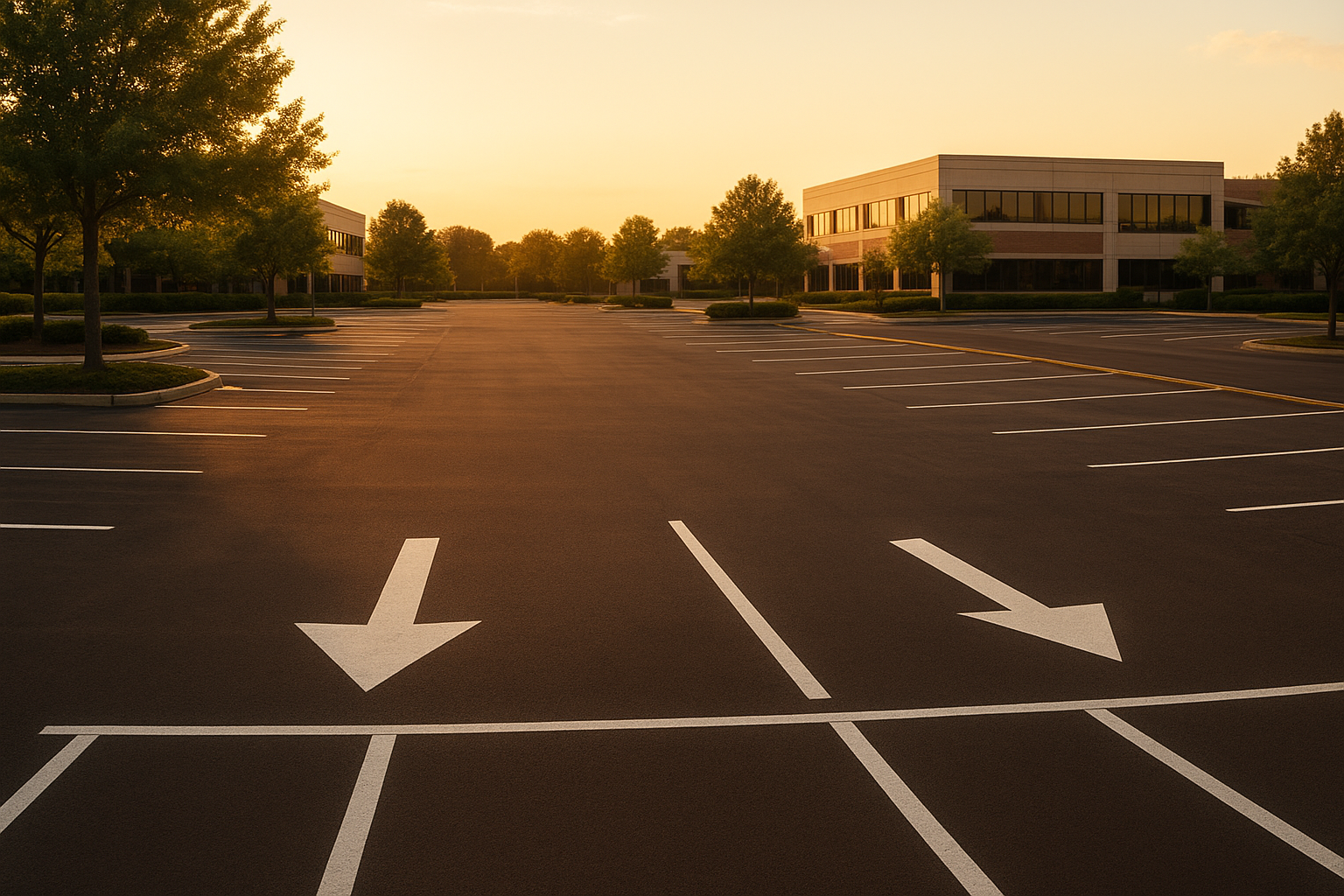 Office park parking lot with newly painted directional arrows and organized stall lines at golden hour