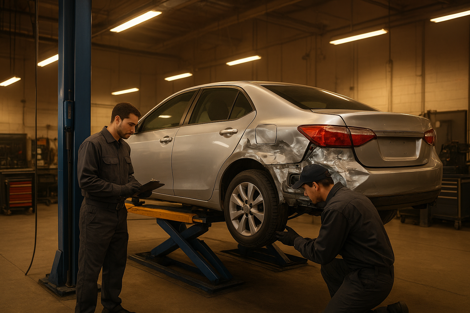 Certified technicians performing carreras auto body collision repair on a silver sedan in a professional workshop