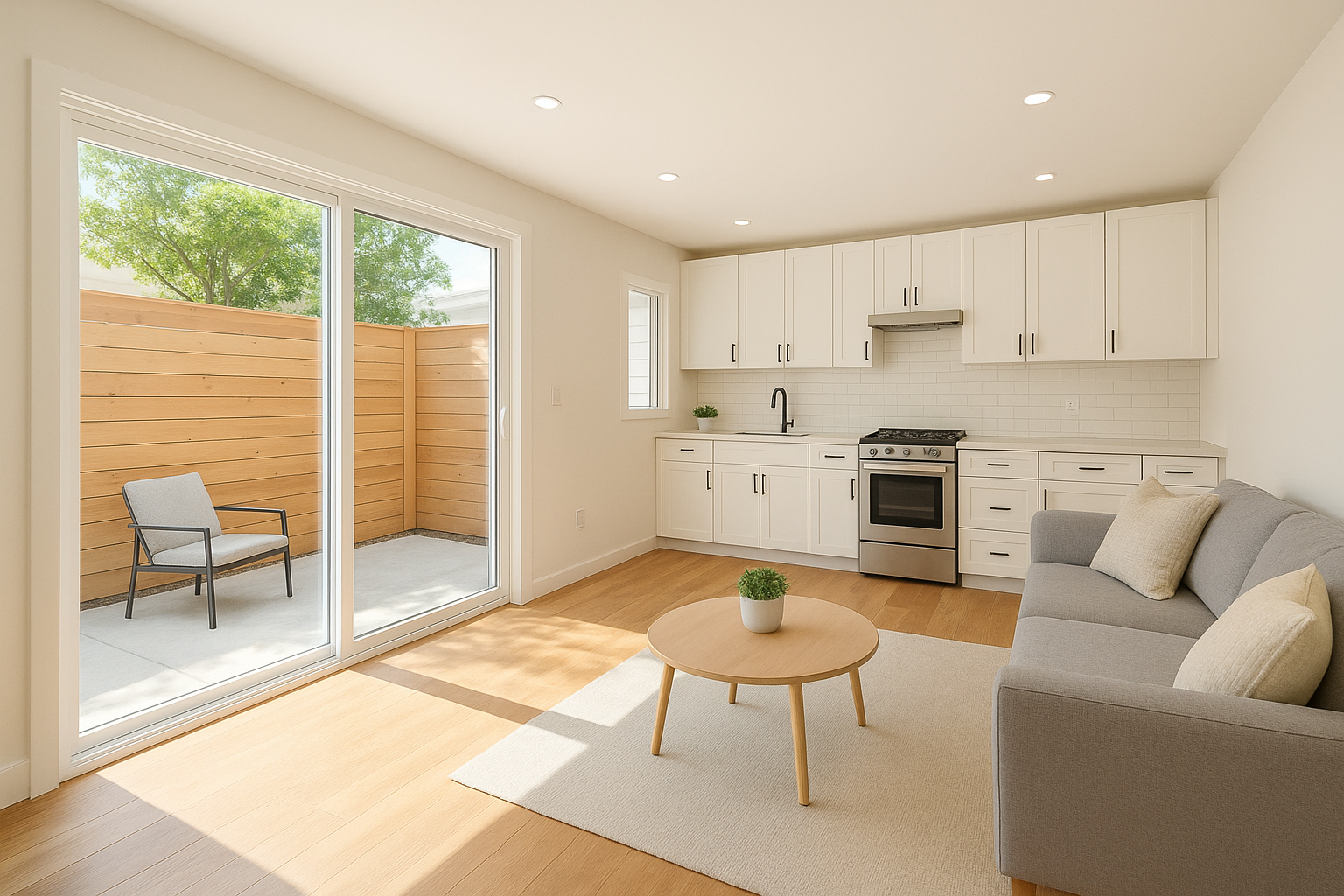 Modern ADU interior showcasing open-concept customizations for ADUs including wood floors and white cabinetry