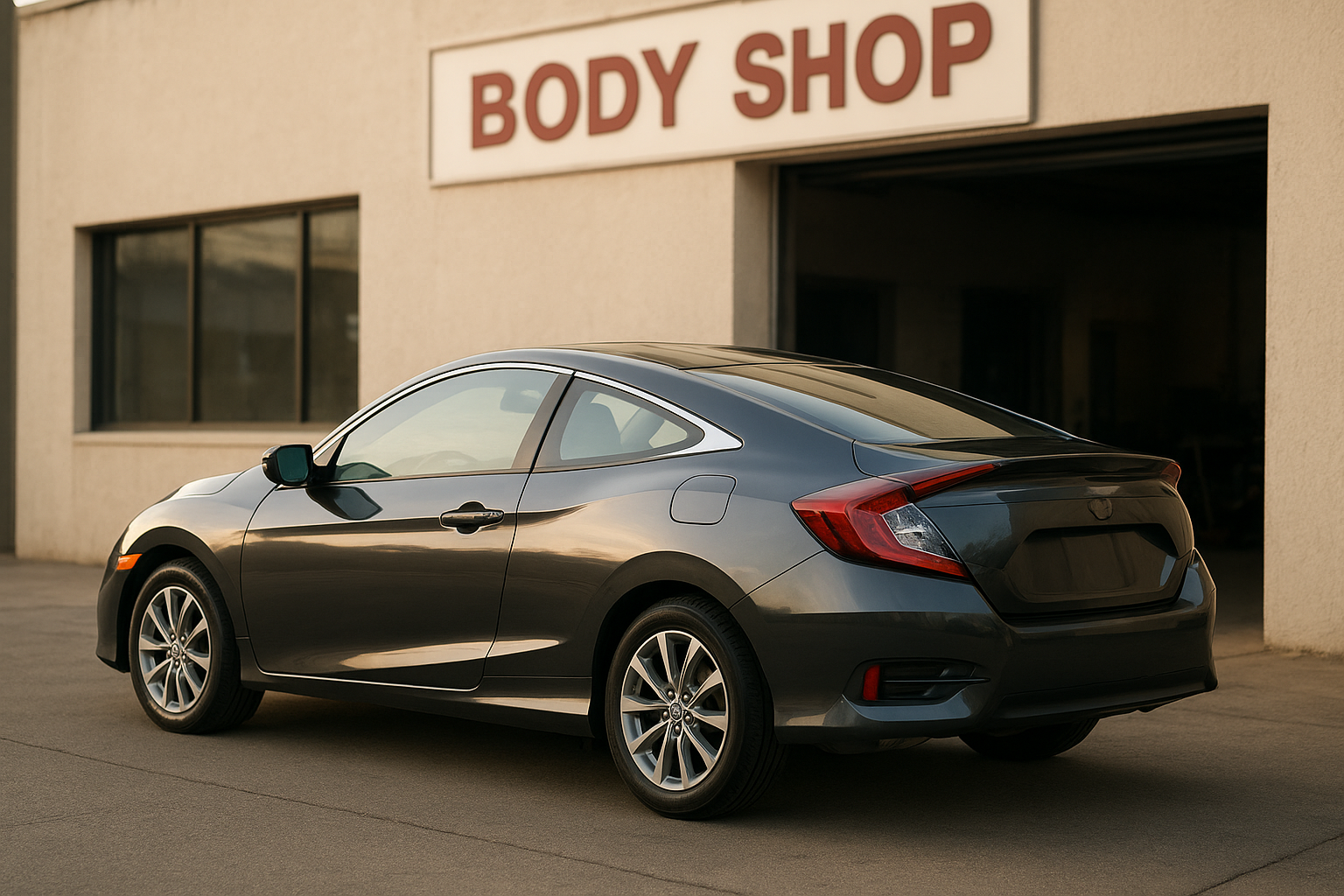 Freshly repaired foreign coupe outside a Brea auto body shop after collision repair