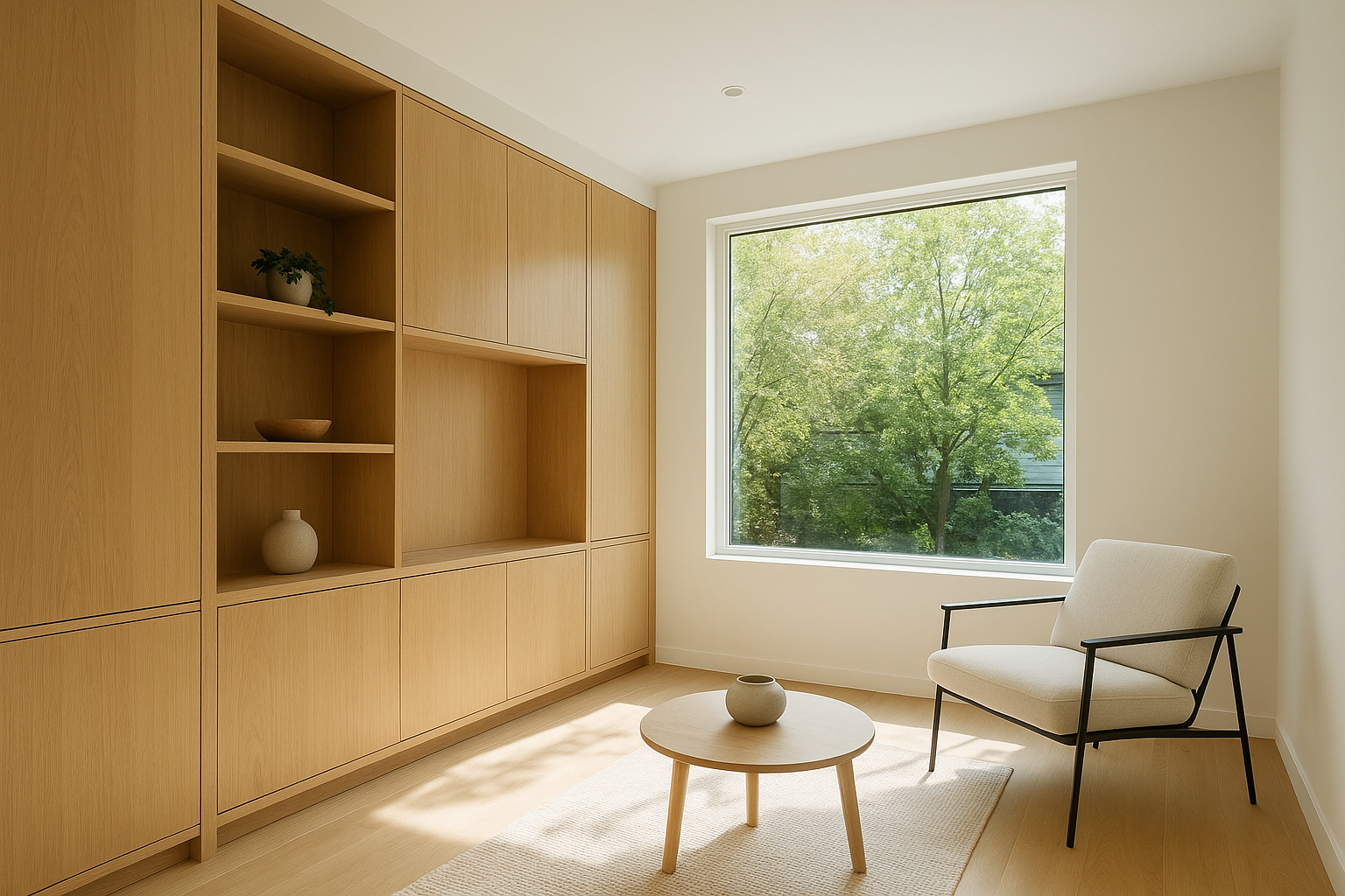 Modern attached ADU interior with custom built-in cabinetry and natural light