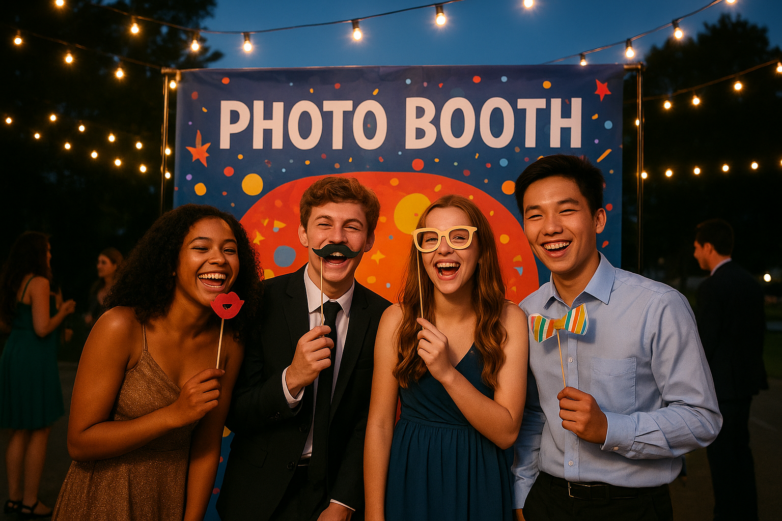 Guests using a Tri-State photo booth rental with props at an evening event