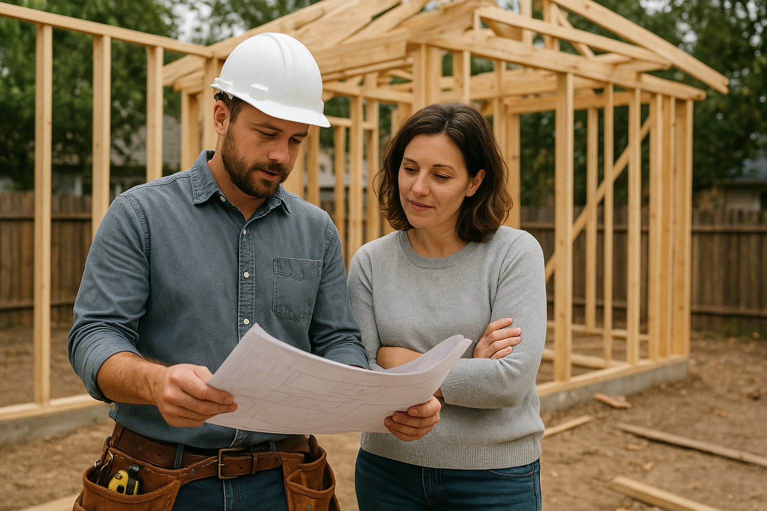 Contractor and homeowner reviewing building plans during ADU construction