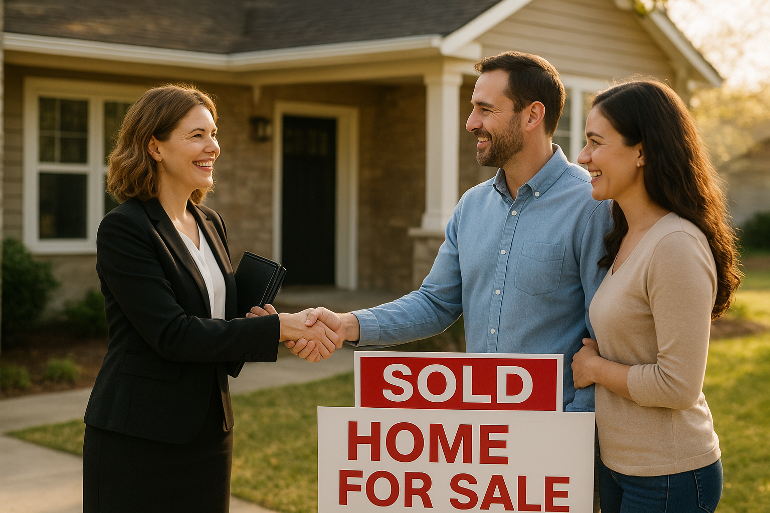 Real estate agent greeting a couple in front of a San Antonio home