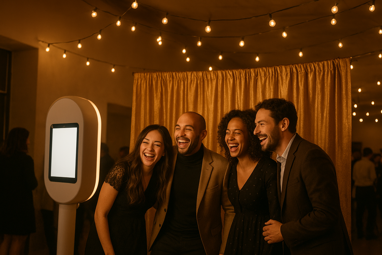 Photo booth rental Haubstadt Indiana setup with gold backdrop and string lights at an evening event