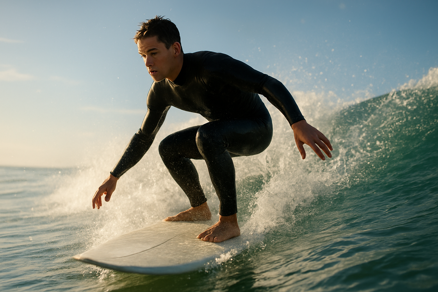 Athletic beginner practicing the pop-up technique during surf classes for athletic beginners