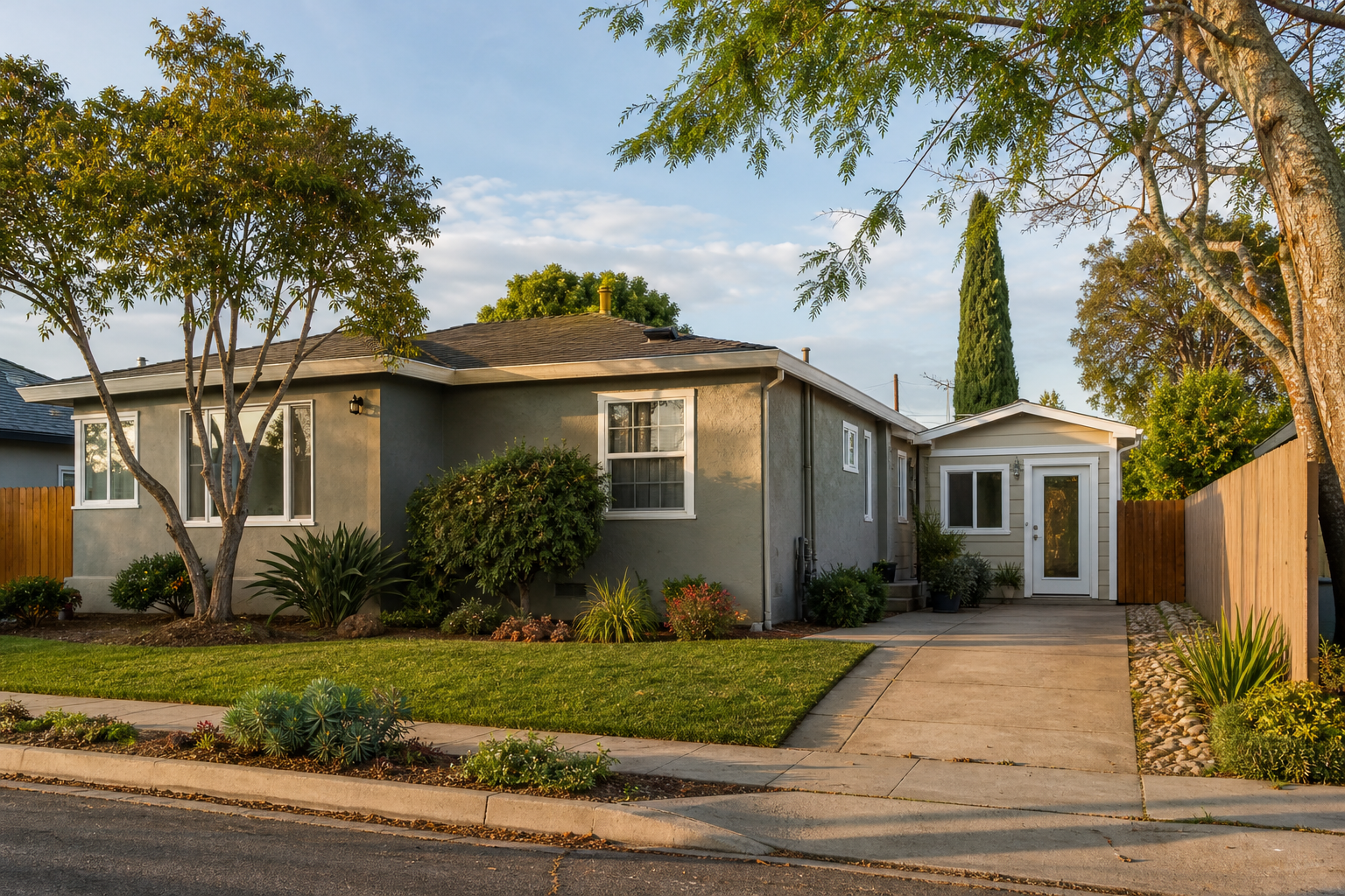 Side entrance of a Southern California home with a converted junior accessory dwelling unit