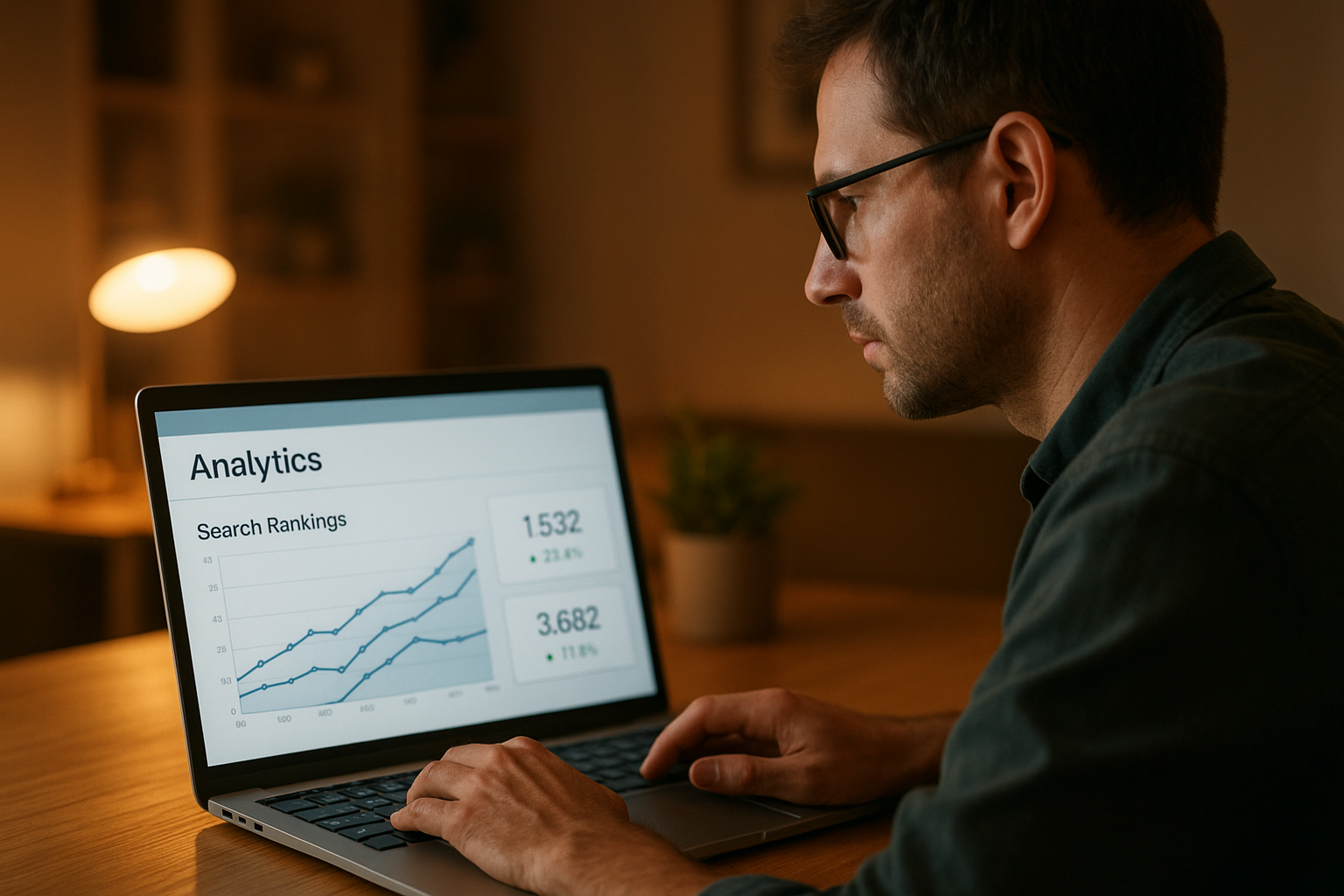 Business owner reviewing AI-driven search engine ranking analytics dashboard