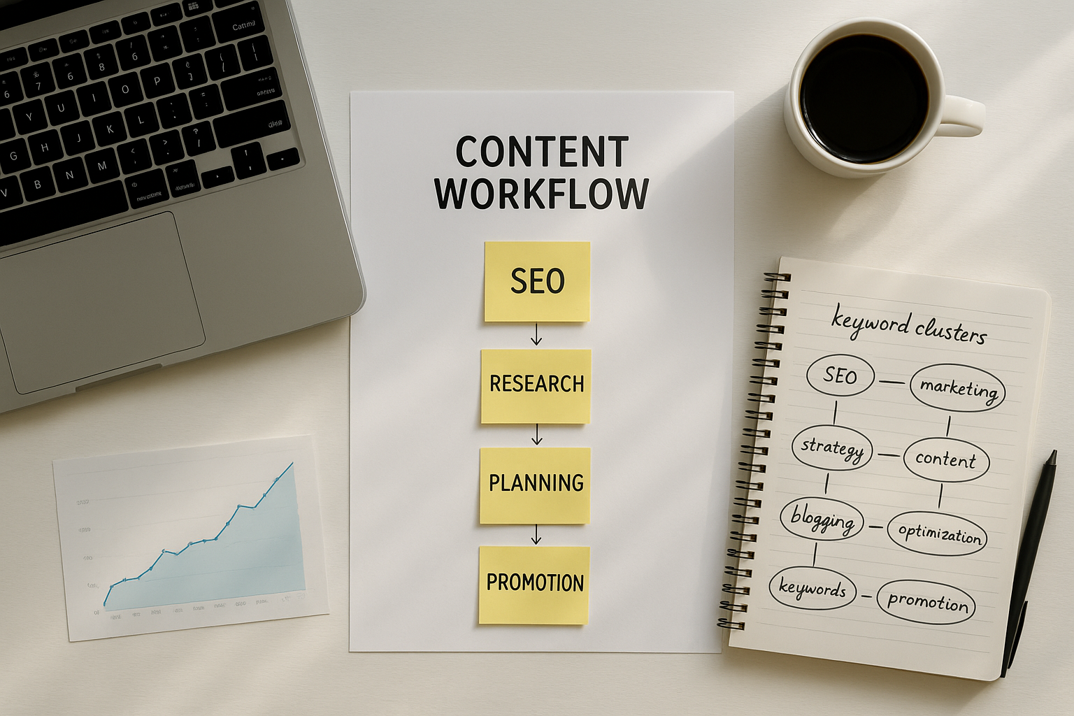 Flat lay showing a five-stage AI SEO workflow for content creators with keyword notes and analytics
