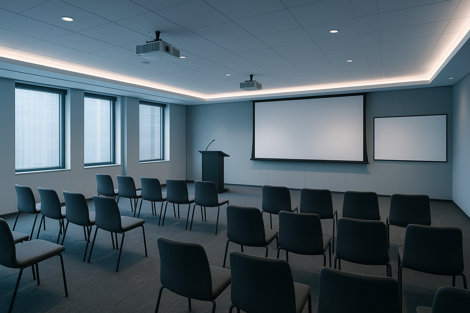 Corporate conference room with professional AV production equipment including screens and podium microphones