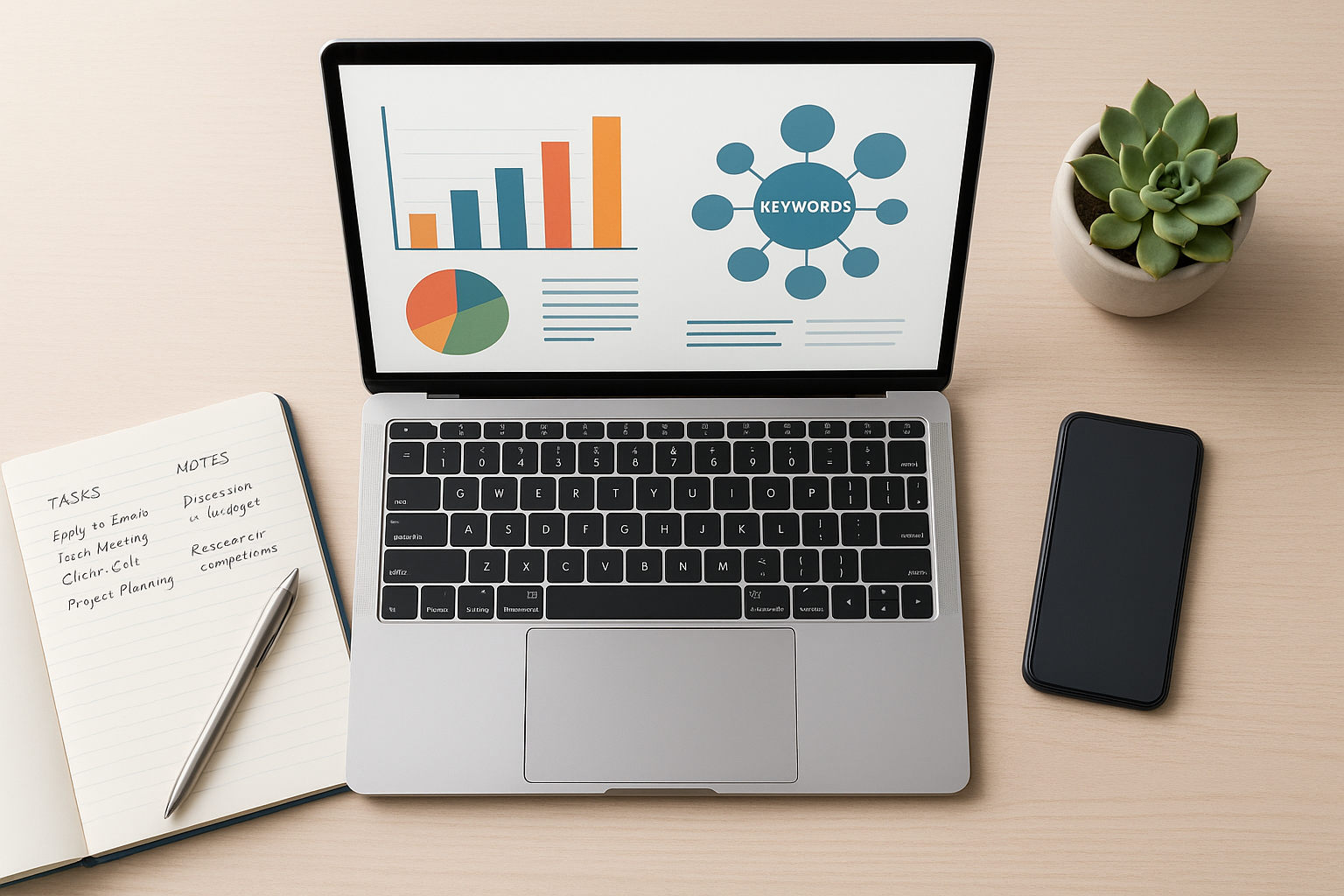 SEO strategist workspace with AI keyword research charts and content optimization data on a laptop screen