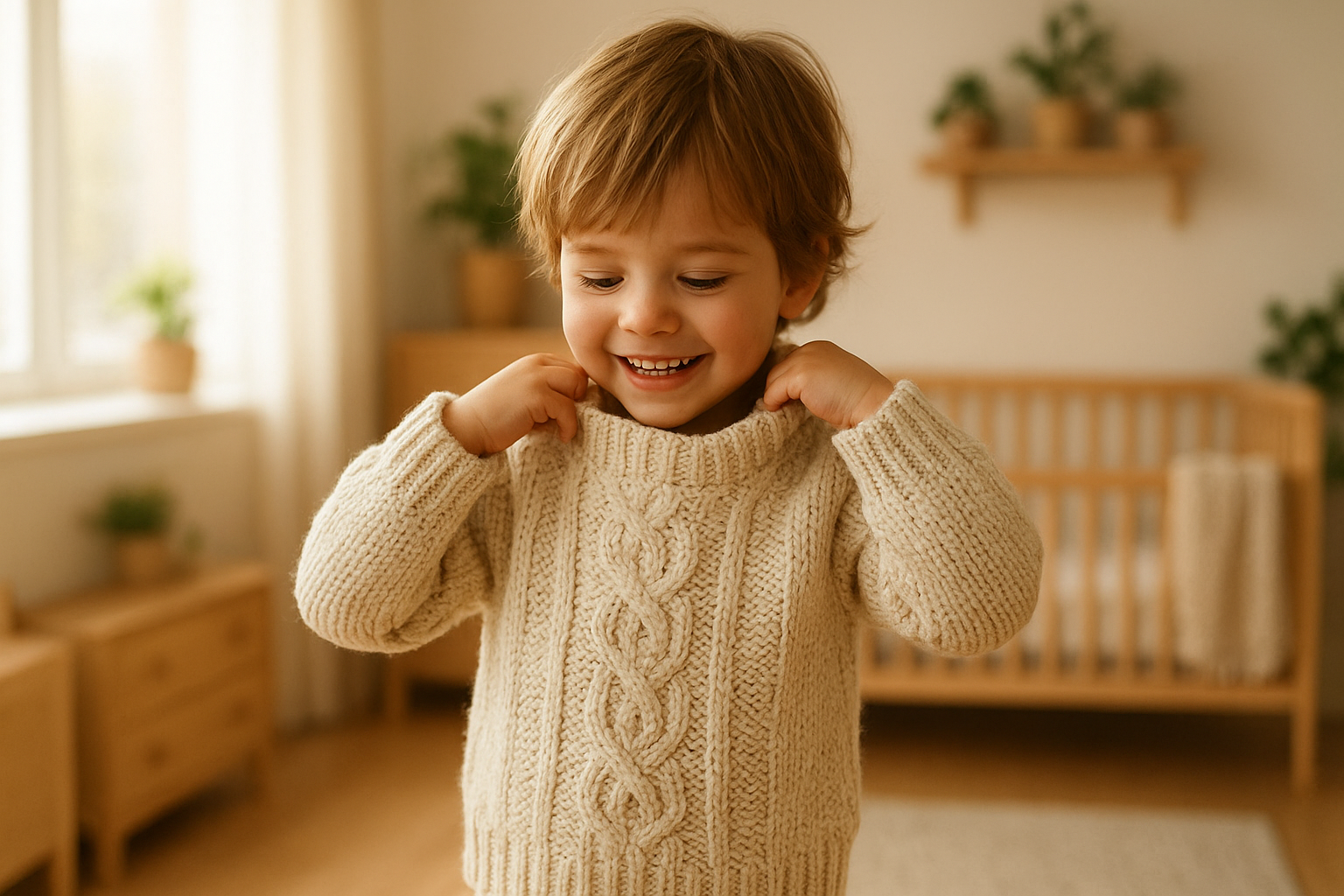 Young child wearing a soft organic knit sweater as part of a sustainable kids clothing wardrobe