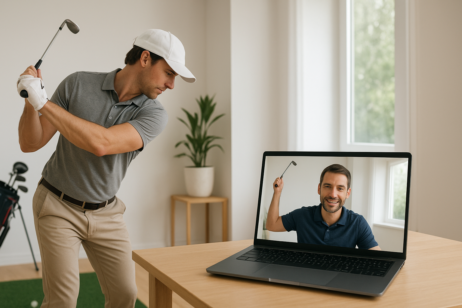 Remote coaching session showing online golf instruction and swing video review