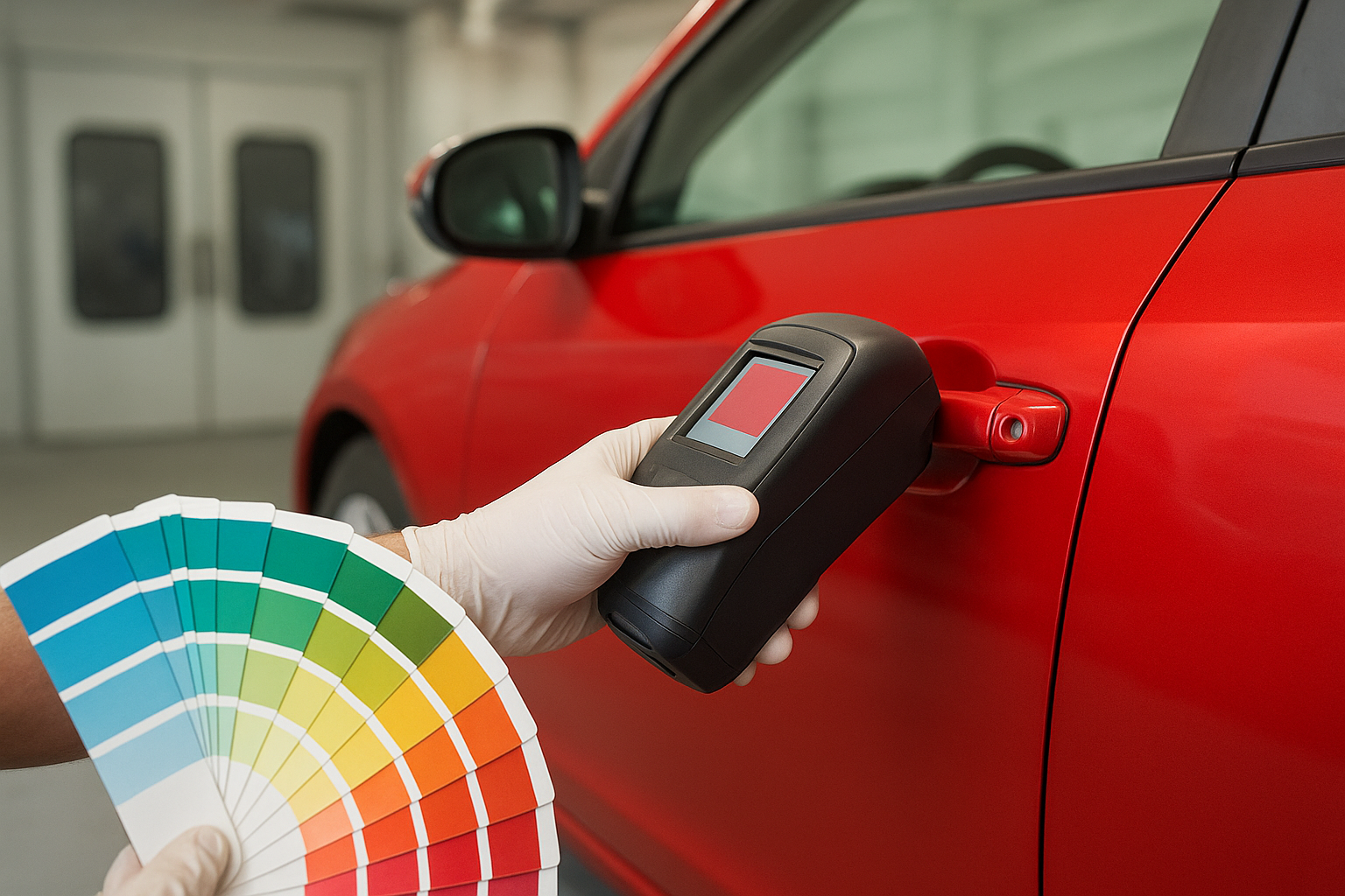 Auto body technician using computerized paint matching system for precise color restoration