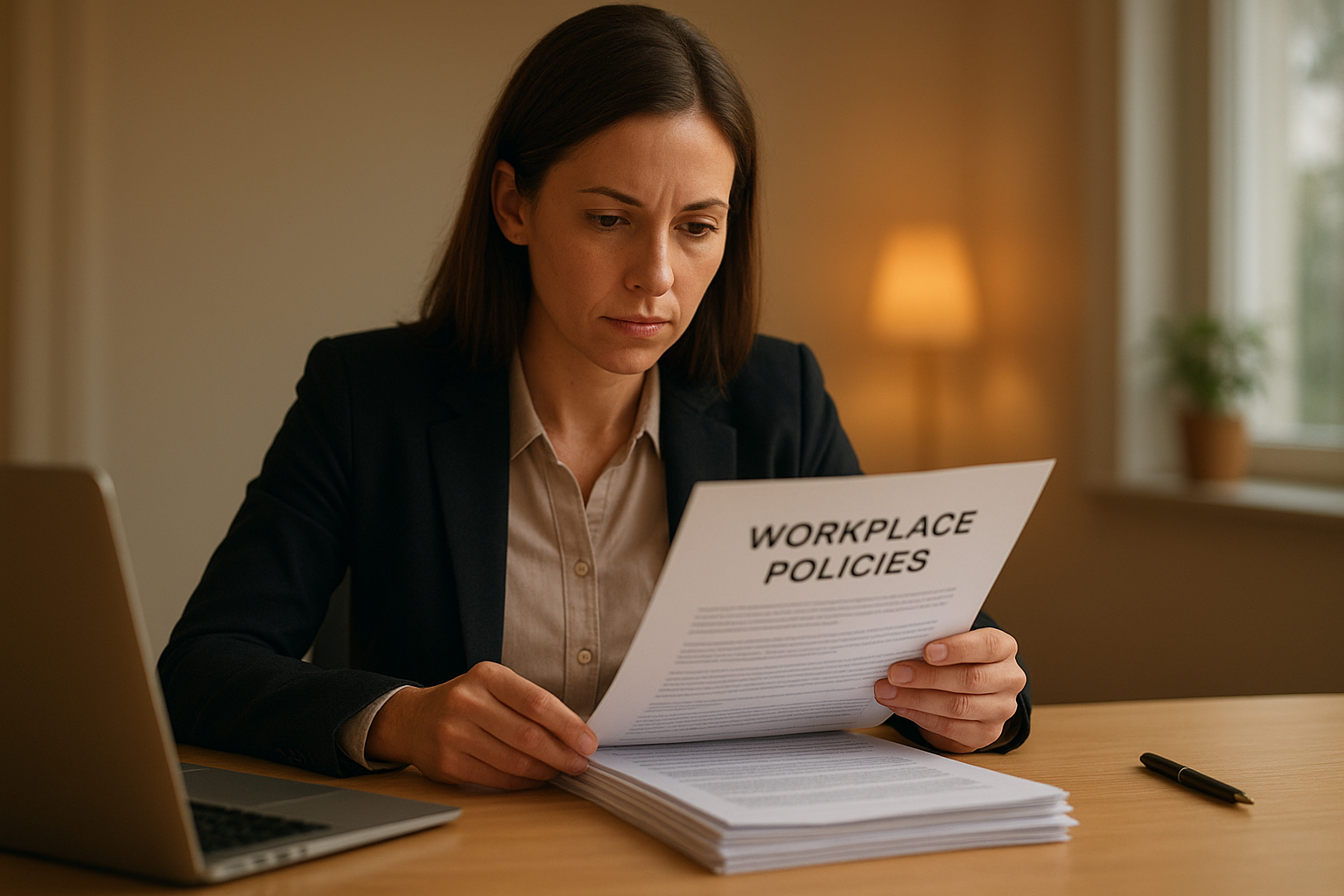 HR professional reviewing hr policies job documents at a desk
