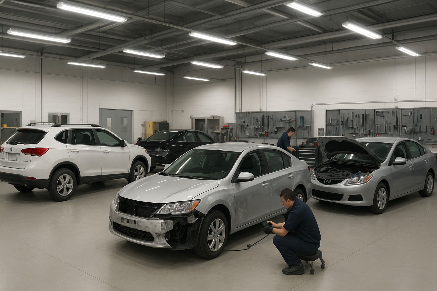Wide view of a busy auto body inc repair workshop with multiple vehicles being restored by skilled technicians
