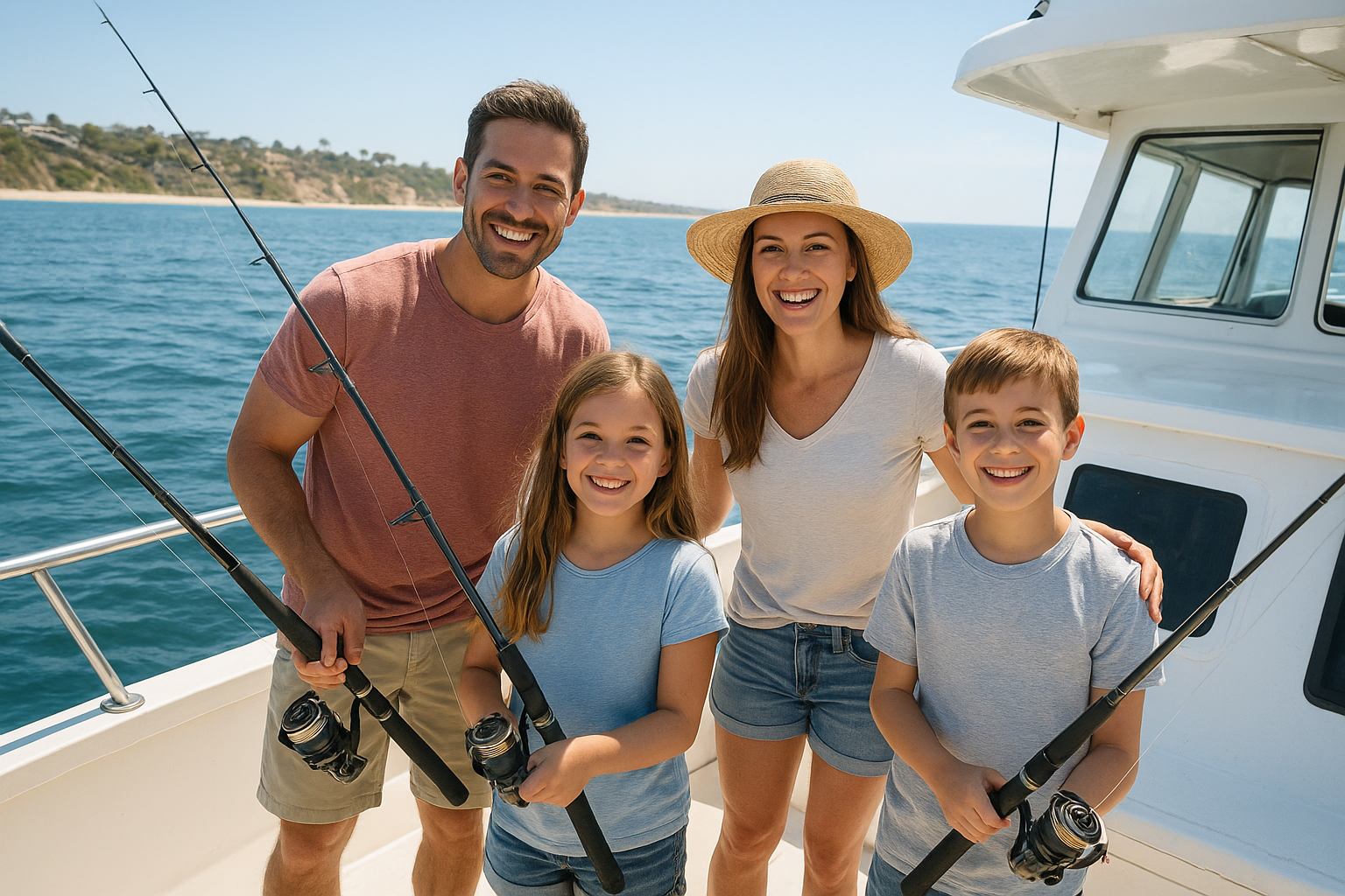 Family enjoying a private fishing charter booked with a Myrtle Beach gift card