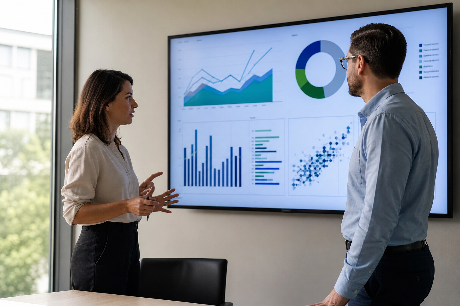Colleagues discussing results from automated finance software in a conference room