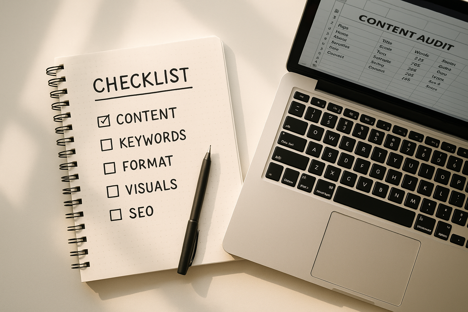 Content audit checklist on a desk representing the structured process of running an AI visibility audit