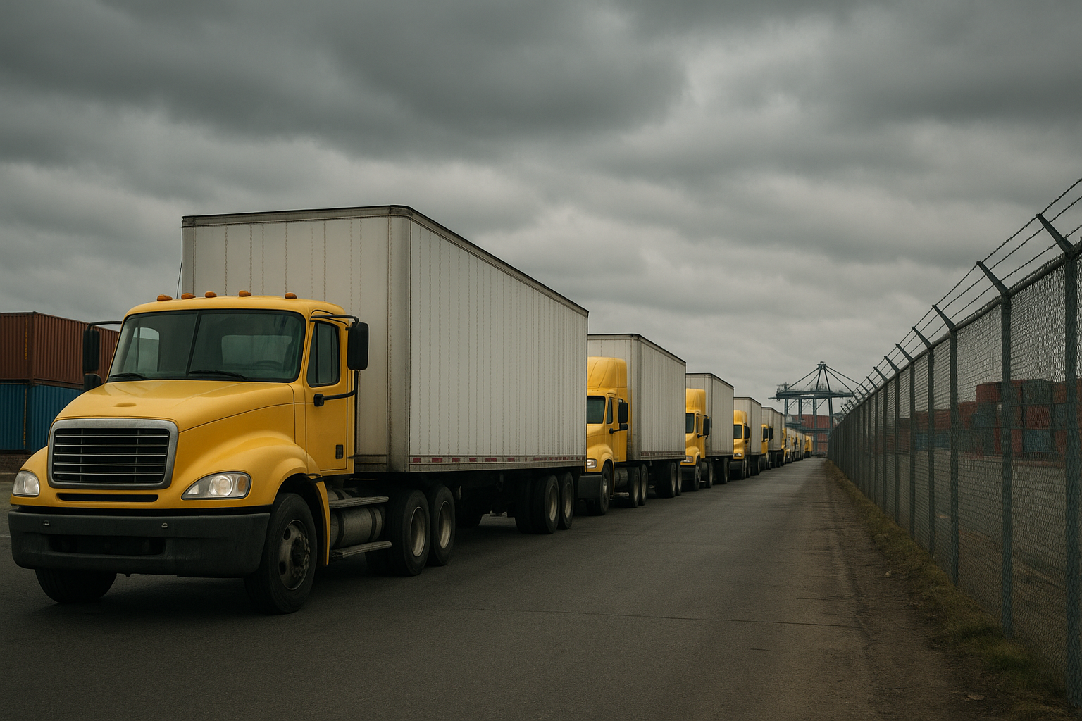 Trucks lined up at a drayage yard waiting for containers near a shipping port