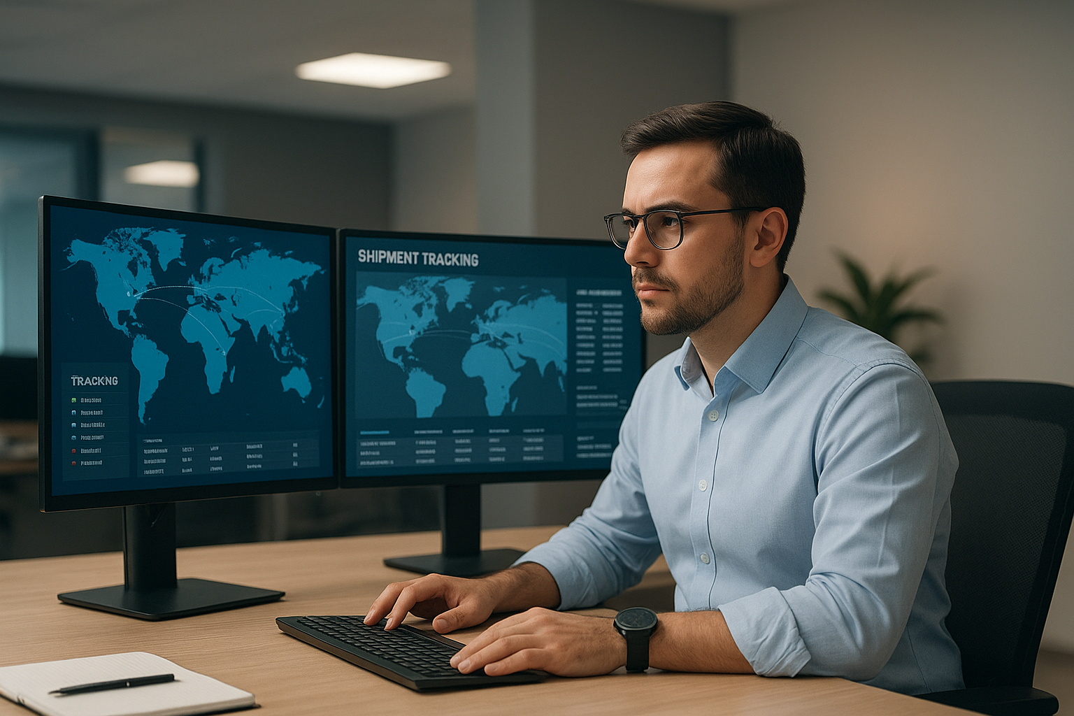 Logistics coordinator tracking freight shipments across multiple screens