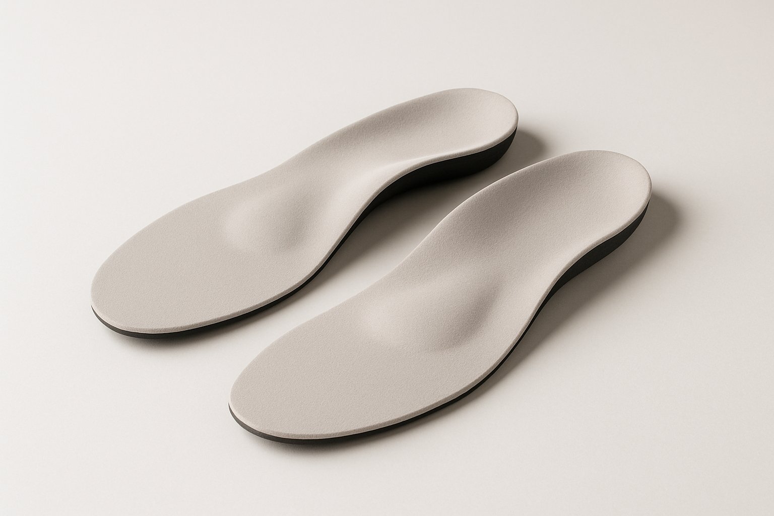 Pair of finished custom foot orthotics for arch support showing contoured arch shaping