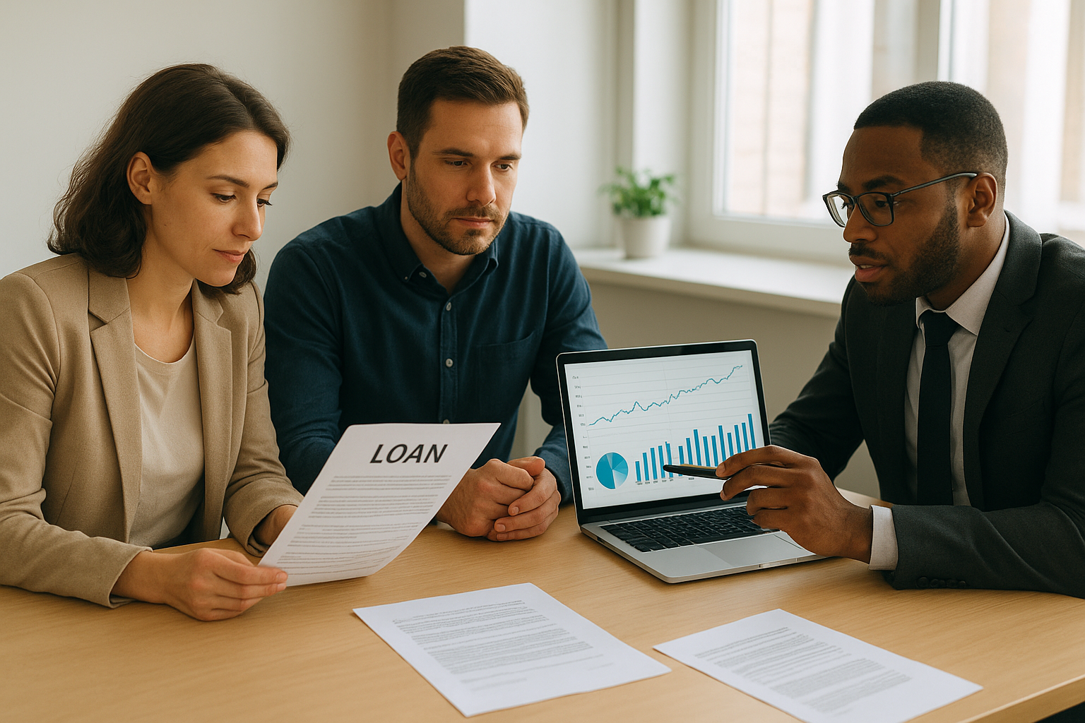 Business owners discussing working capital and equipment financing options with a lending advisor