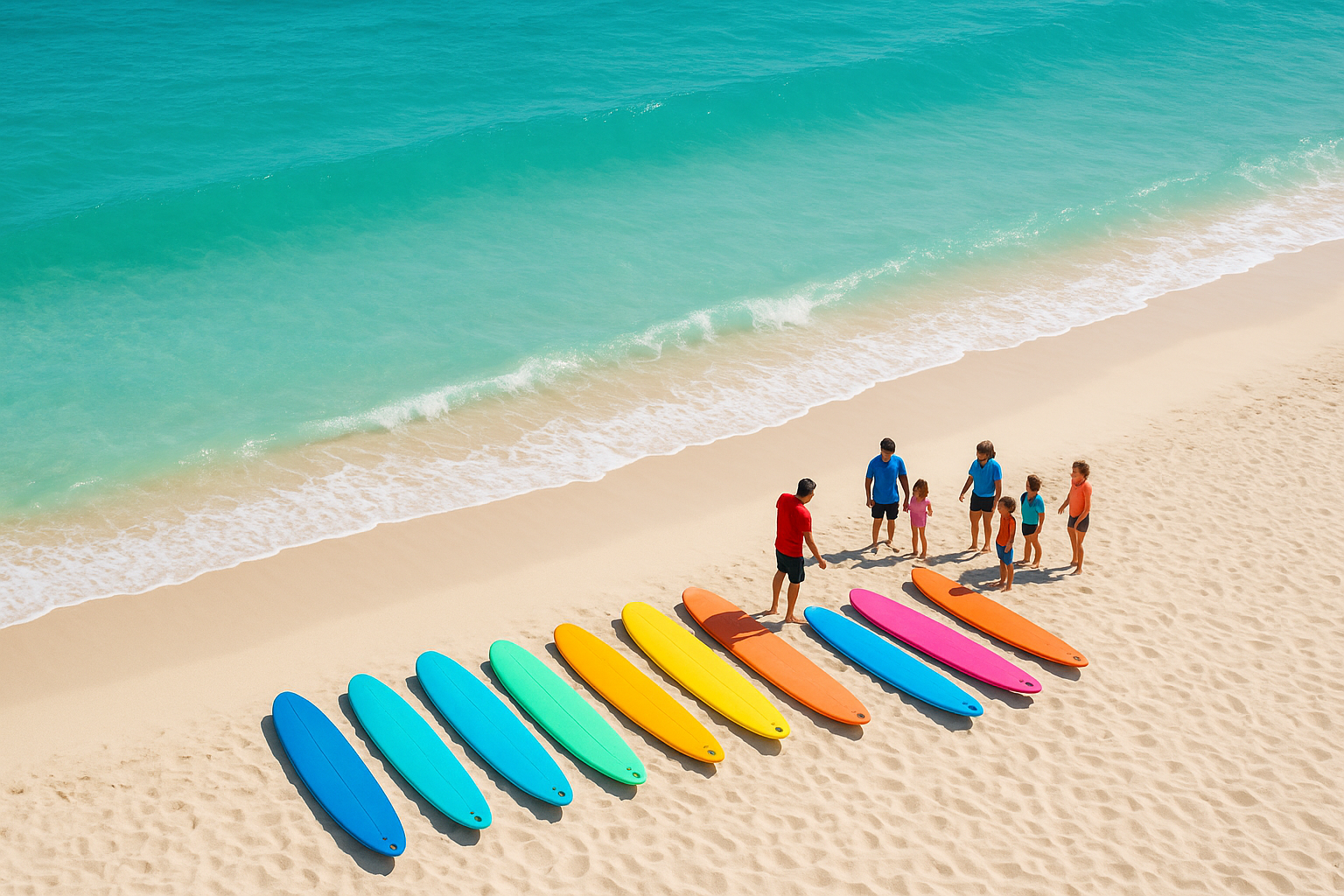 Colorful foam surfboards lined up on Waikiki Beach before a group surf lesson