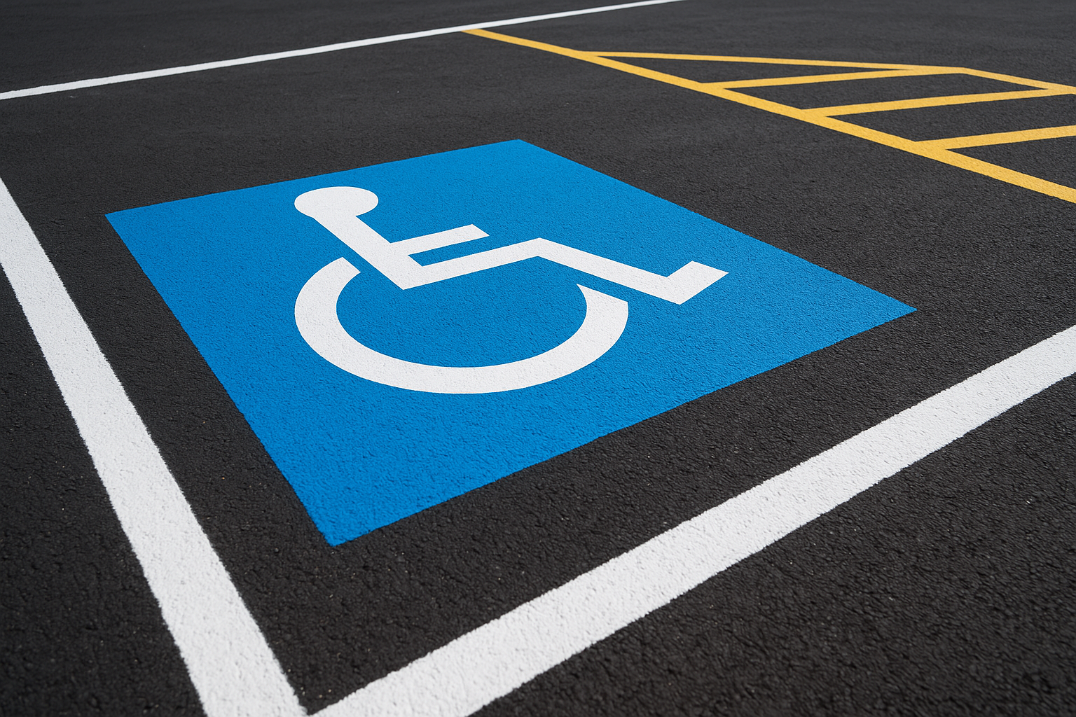 Close-up of ADA compliant handicap parking stall markings with access aisle and International Symbol of Access applied during Denton TX parking lot striping