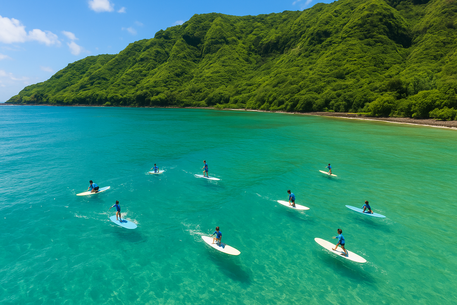beginner surfers on longboards catching waves during a Hawaii surf lesson session