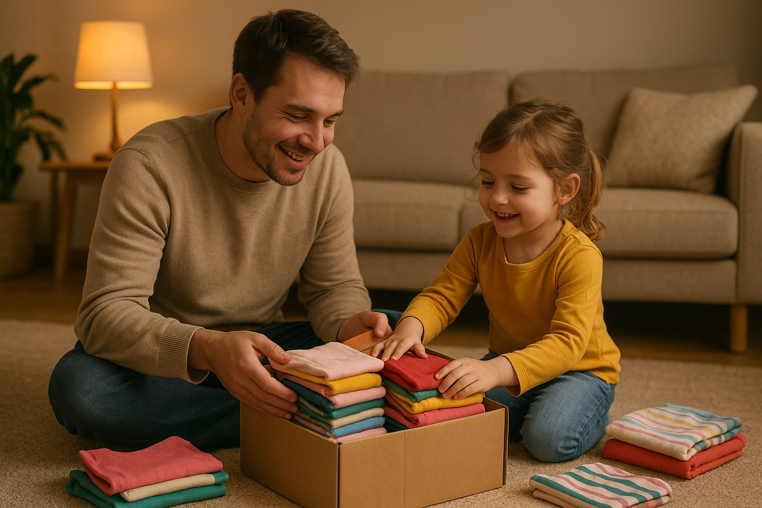 Parent and child sorting eco-friendly kids clothing together for swapping or donating