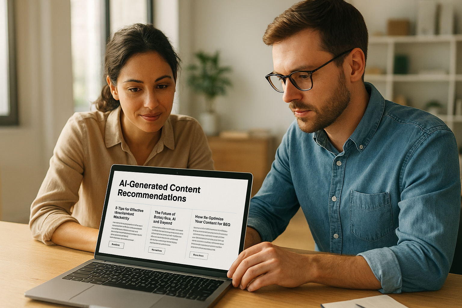 Team reviewing AI content optimization recommendations on a laptop