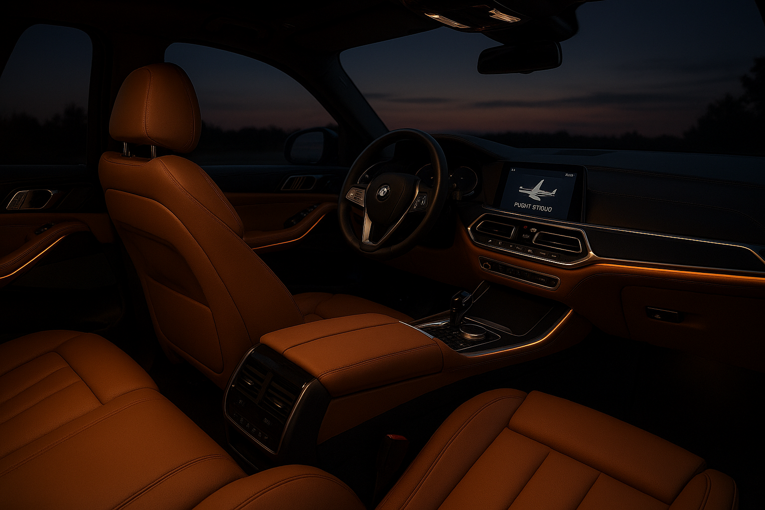 Luxury SUV interior with flight status display used for LAX airport transportation