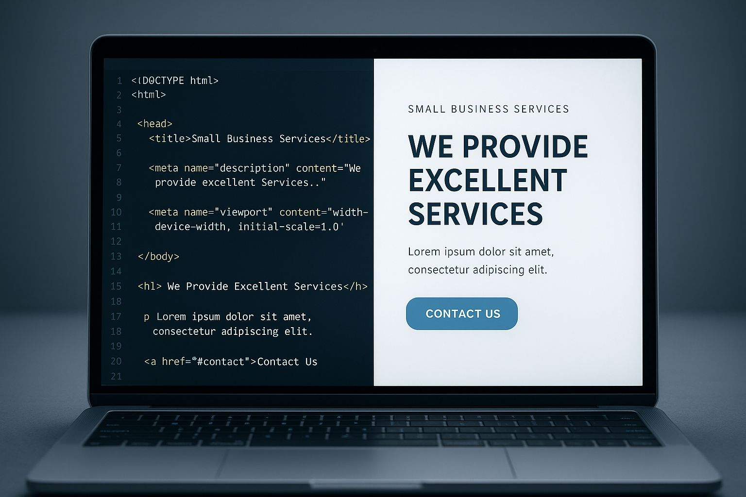 On-page SEO optimization example showing title tags and meta descriptions for a small business website