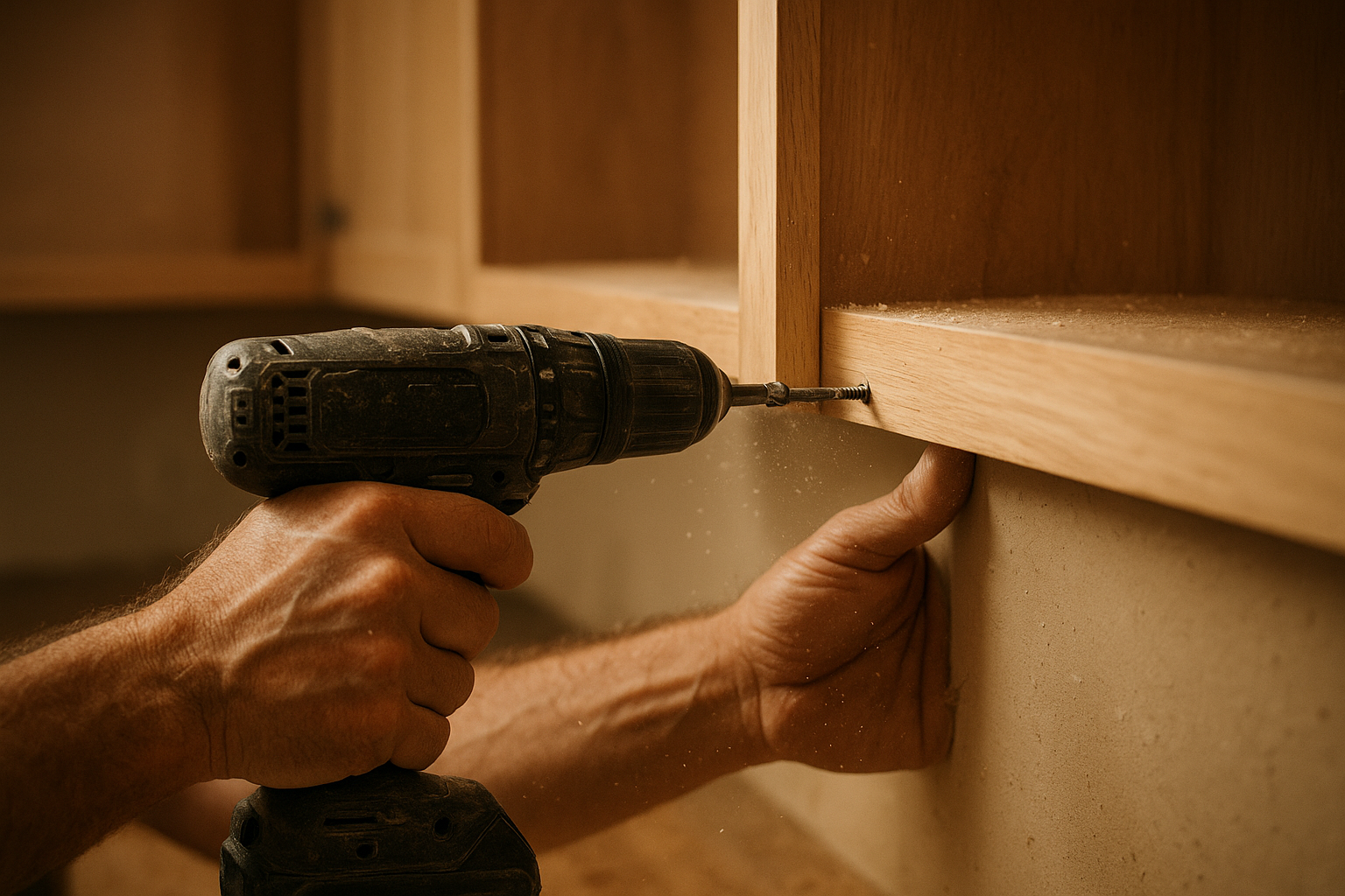 Carpenter securing a cabinet frame to the wall during a kitchen cabinet installation project