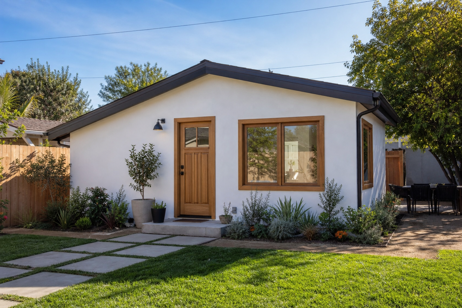 Newly built detached ADU in a Southern California backyard with wood-toned entry millwork