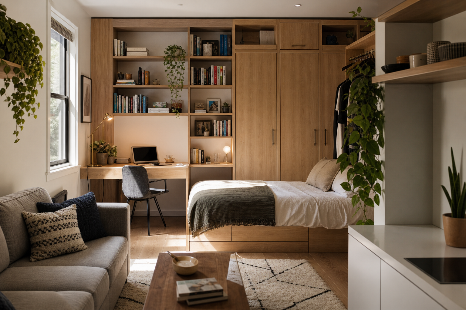Custom built-in shelving and desk nook crafted by ADU built-in millwork contractors SoCal homeowners hire