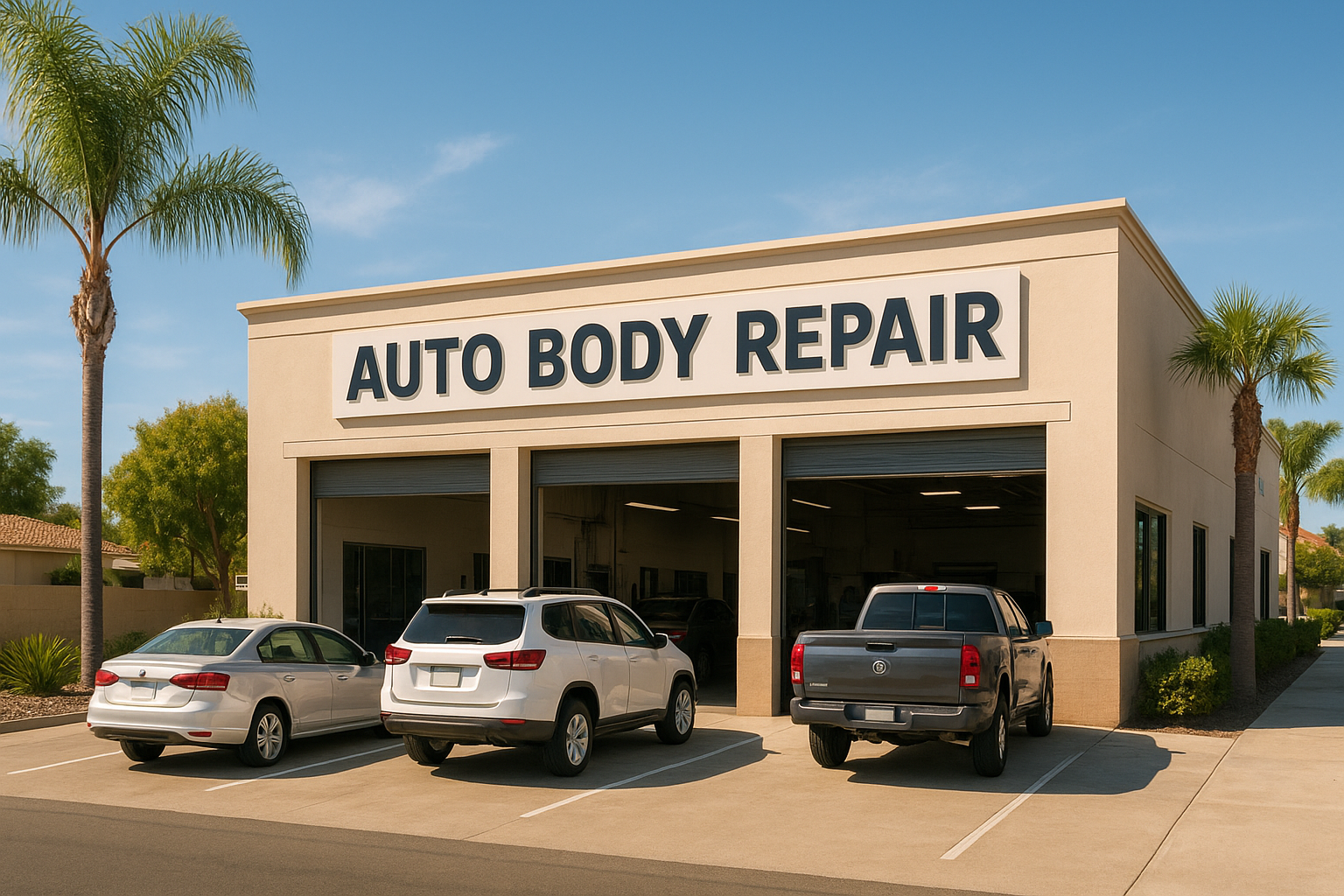 Professional auto body repair shop exterior in Brea CA on a sunny day