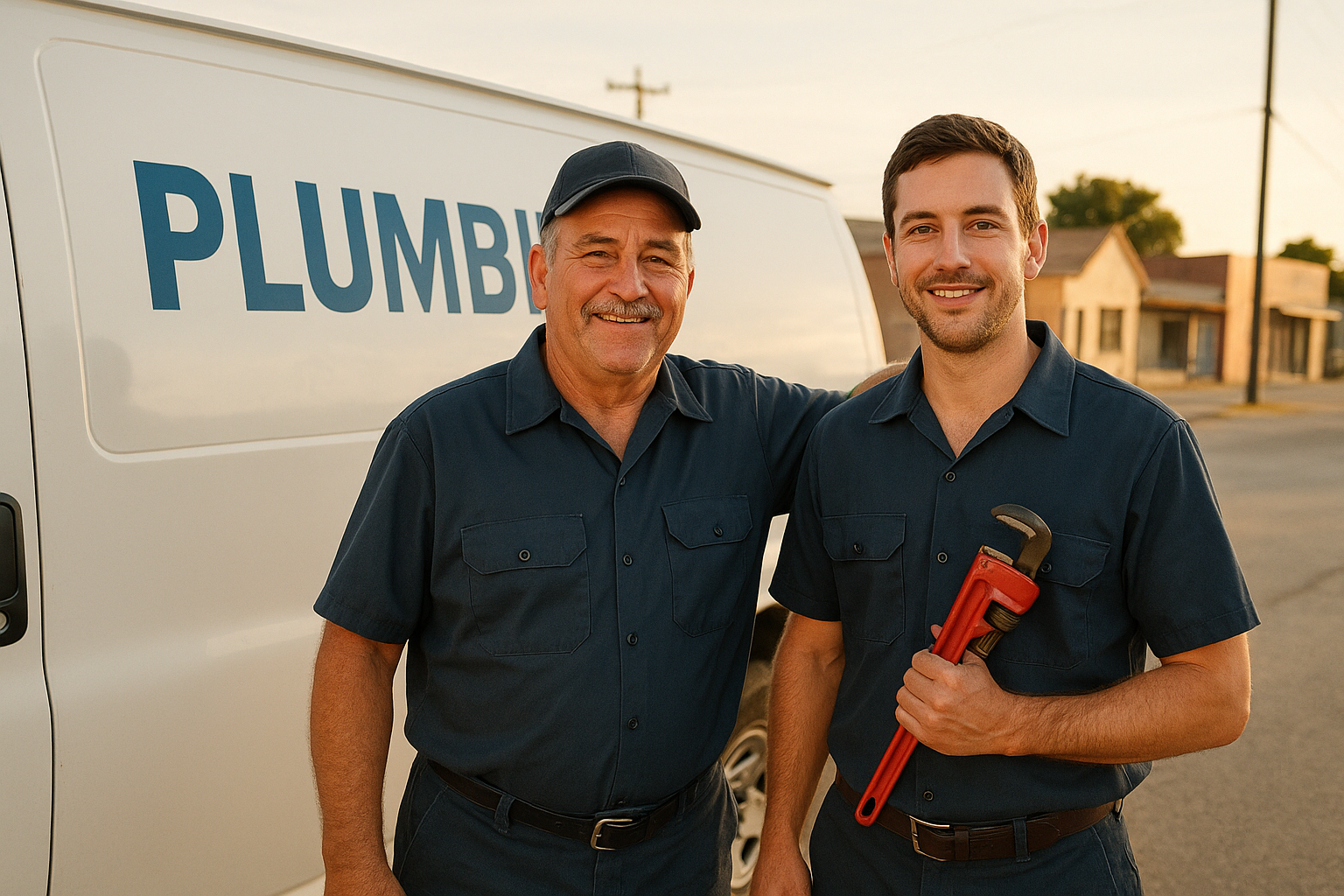 A395d9dd_family-owned-plumber-terrell-tx-team Family-owned plumber Terrell TX father and son plumbing team beside service van